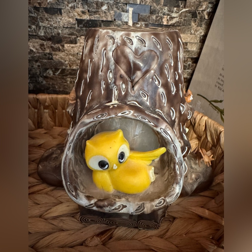 Unique Vintage Musical carved wax Brown and Yellow Owl & woodland animal candle